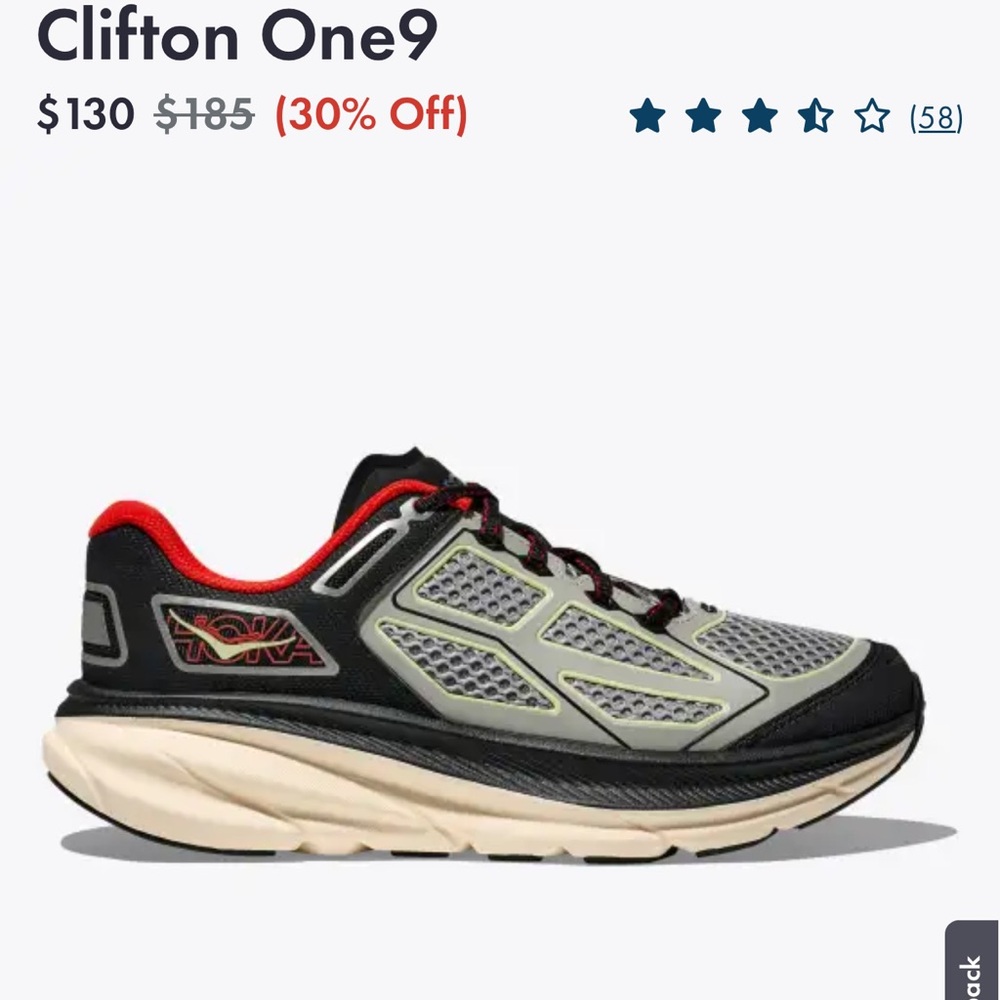 Hoka Clifton One9 Men’s Running Shoe — Gray, Black & Red
